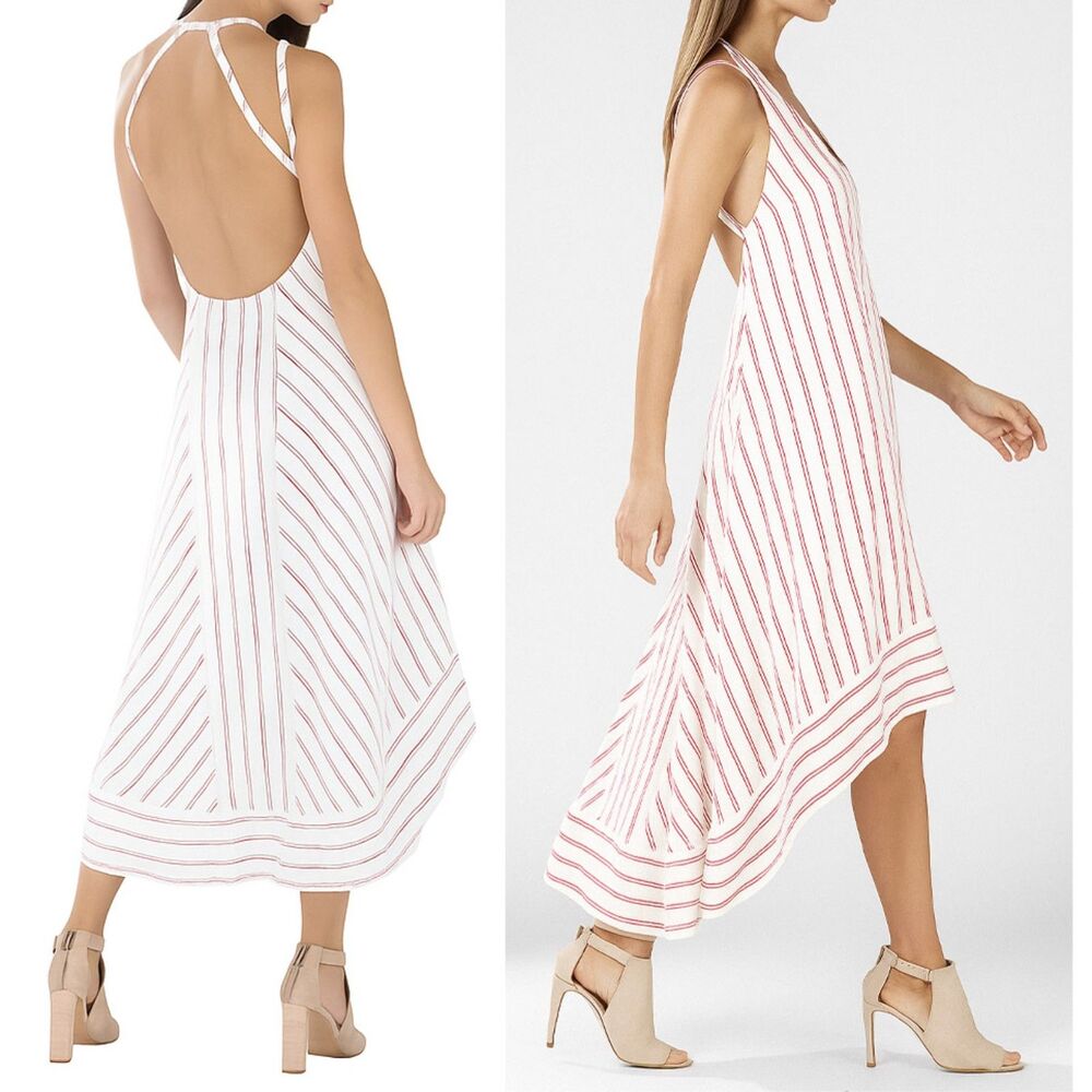 BCBGMAXAZRIA Chelsi Striped Open Back High Low Halter Midi Dress M